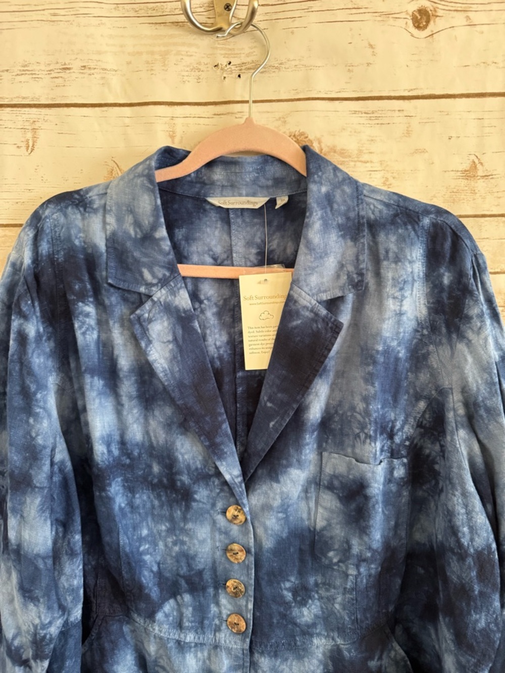 Soft Surroundings Eza 100% Linen Blue Tie Dye Top 2X Plus Pockets - Picture 2 of 11